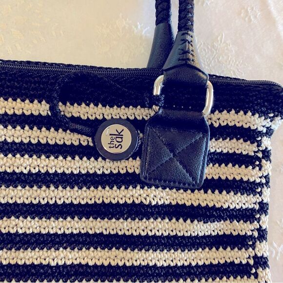 The Sak Black White Handbag Large Shoulder Bag Nautical Stripes Woven Gorgeous - Picture 3 of 5